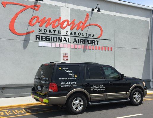 Charlotte HERO Patrol Roadside Assistance provides service at Concord Regional Airport 24 hours a day.