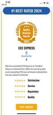 CCE just received the Quality Business Award for #1 moving company Snellville, Ga.