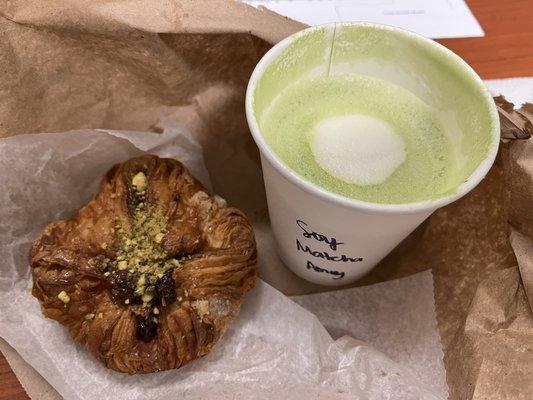 Honey pistachio kougin aman (left), soy matcha latte (right)