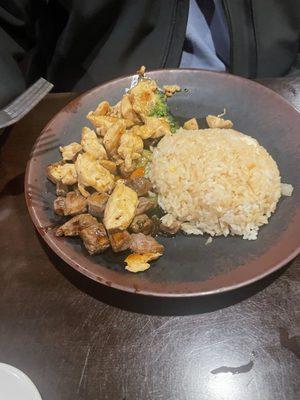 Steak and chicken with fried rice and vegetables.