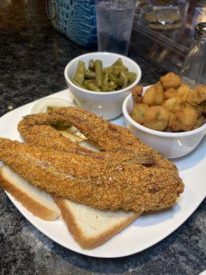 Fried Whole Catfish served up alongside crispy Fried Okra and tender Green Beans. It's a Southern classic!