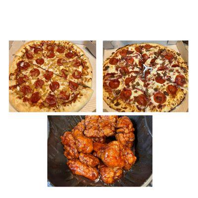 Large meat, lovers pizza, stuffed crust, pizza, and boneless honey barbecue wings