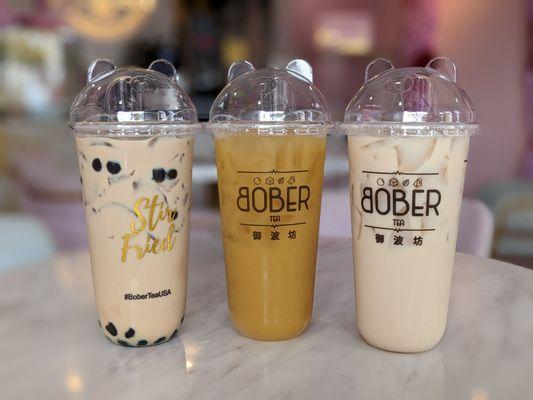 Jasmine Green Tea, Roasted Oolong Milk Tea with stir fried boba