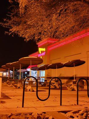 Outside seating at night