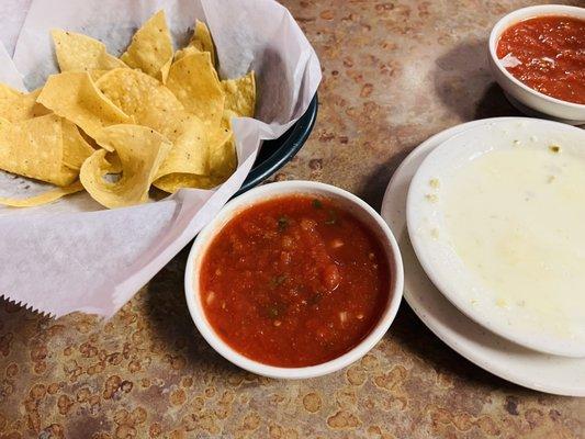 Chips, salsa, and cheese dip (although we had already eaten most of the chips so this basket was full)