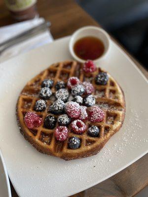 Mixed berry Waffle w/ 2 Fried Eggs and Bacon