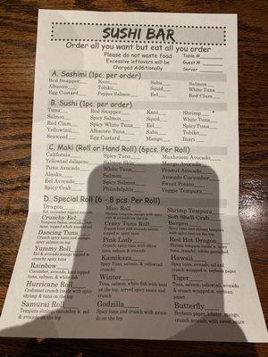 Sushi menu for unlimited sushi