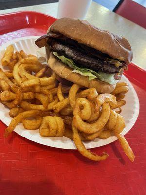 Bacon cheese burger with curly fries