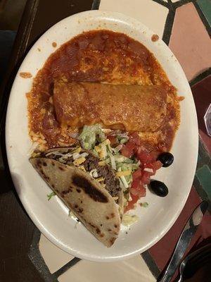 Ground beef taco and chicken enchilada