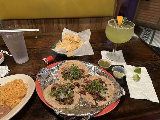 carne asada tacos rice and platinum margarita