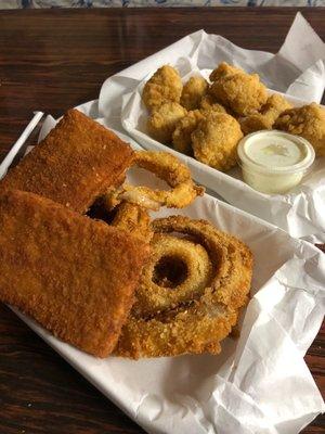 3 piece fish plus onion rings and an order of fried cauliflower