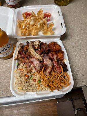 Combo 3 - Teriyaki Chicken, BBQ Pork, and Orange Chicken + Cream Cheese Wontons