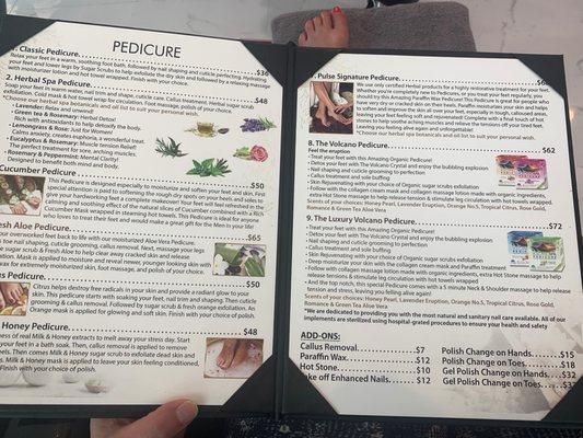 Pedicure menu