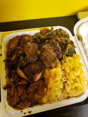 Brown Stew Chicken, Callalloo, Mac and Cheese