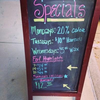 Come check out all the specials! Seniors and MILITARY $12.95 haircuts!!!