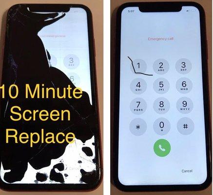 Before and after of replaced phone screen