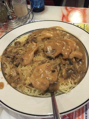 Chicken Marsala with angel hair pasta early bird special $8.99 comes with soup, salad, rice pudding or ice cream