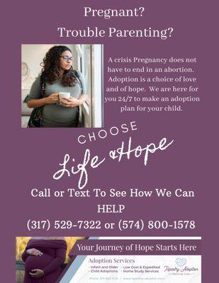 We are available 24/7.  We serve expectant moms nationally.  No you can't parent and need to avoid DCS involvement call us for options.