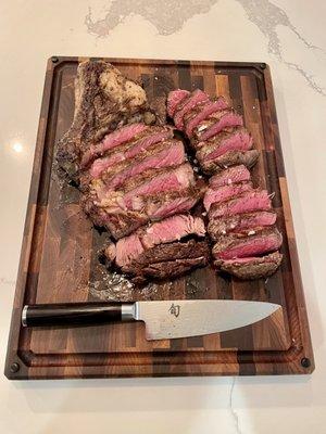 Dry aged bone-in ribeye (left) and fillet mignon (right)