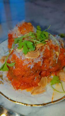 Romesco meatball   Very vibrant and moist