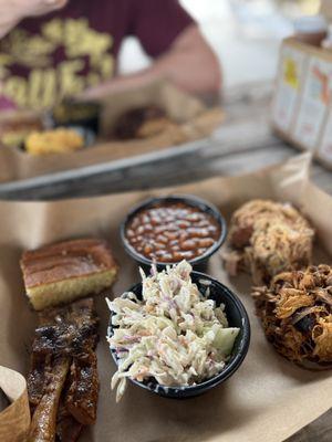 2 meat sampler combo (2 meats, 2 sides, 1 cornbread, 1 drink). And I added a spare rib bone to try!