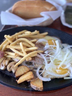 Bo Ne double $19.99 (pepper steak, eggs, fries, mushrooms, pate & onions)