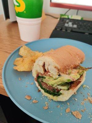 Chicken bacon ranch toasted w/pepper jack and spinach, onions, tomatoes, cucumber, avocado with ranch and chipotle sauce.