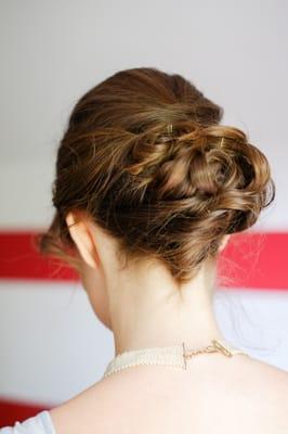 i said, maybe a chignon? Yes. She said. And then this gorgeous base for a flower crown happened. Photo by Pressman Studio.