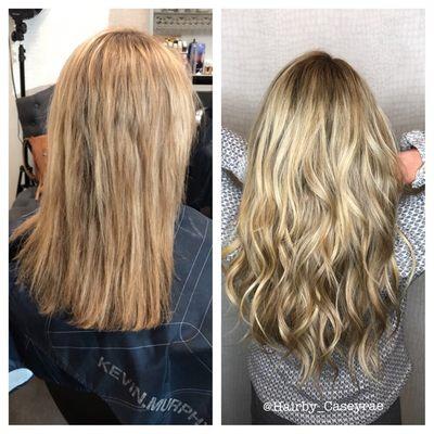 Before and After 16" Hotheads tape-in extensions and color. For more check out my Instagram @Hairby_Caseyrae