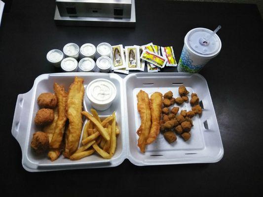 4pc batter dipped fish with fries, hush puppies, and coleslaw, extra 2 pcs of fish with fried okra