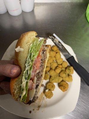 Ribeye sandwich and fried okra