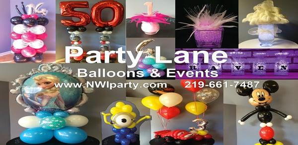 Party Lane Balloons, Characters & Events.  219-661-7487 www.NWIparty.com     Balloon decorations & centerpieces delivered to your party