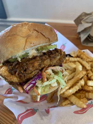 Hot chicken sandwich and Cajun flavored crinkle cut fries!