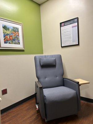 A chair at Atrium Health Davie Medical Center in the Radiology Department for running IV's, etc.