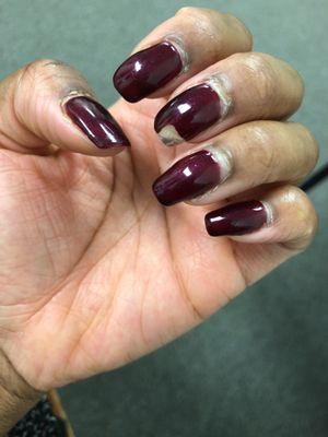 6 days after a gel manicure done by the owner! Chipping polish, broken nails, and ripping cuticles.