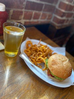 Bacon Cheeseburger, I can't remember the beer but it was a cider. Super delicious and strong!!!