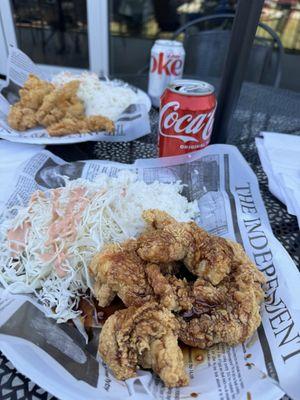 Lunch special: ginger soy chicken tenders, cabbage salad, rice + drink