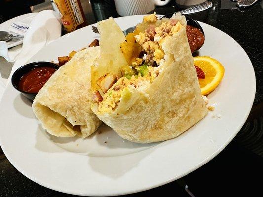 Chorizo and ham breakfast burrito