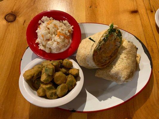 Catfish wrap with fried okra and coleslaw.