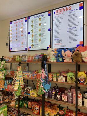 Menu, selection of Japanese candy, plushies, tumblers, and more!