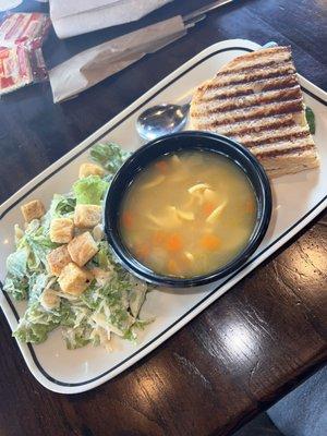 Choose Two - Half Chicken Pomodori Panini 4/10, Caesar Salad 2/10, Chicken Noodle Soup 0/10