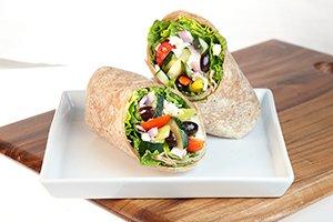 GREEK WRAP: Chopped romaine & iceberg blend, cucumbers, grape tomatoes, red onions, banana peppers, black olives, & feta cheese.