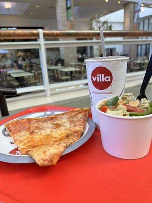 Cheese pizza with a side of pasta salad