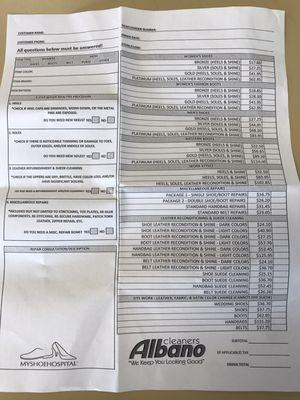 Shoe repair price list