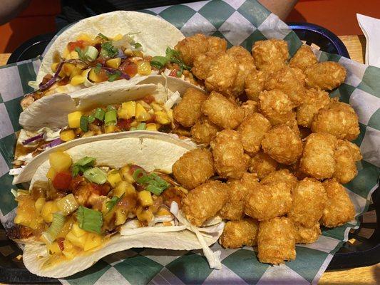 Salmon tacos with tots