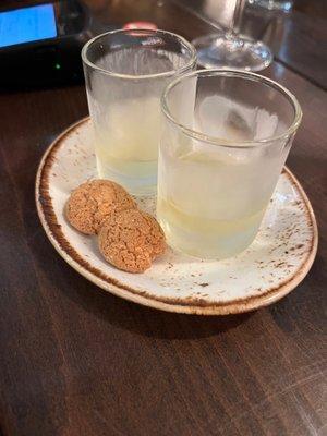 They bring you complimentary limoncello and an almond cookie to top off your night :)