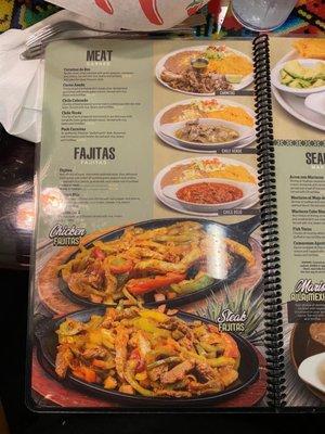 Menu, meat and fajitas.