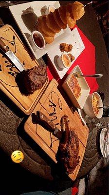 Ribeye, filet, onion rings, Mac& cheese