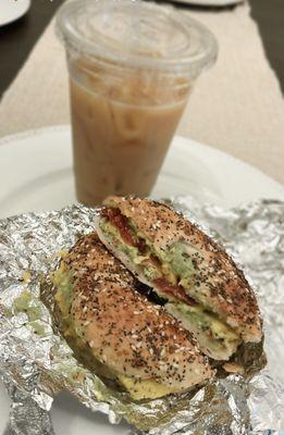 Iced vanilla + hazelnut cold brew with oat milk & extra ice + everything bagel with bacon, egg, cheese and avocado