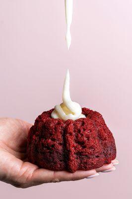 Mo's red velvet bundt cake has a mild chocolate flavor with a moist, rich and tender crumb velvety texture that makes it "sinfully-good".